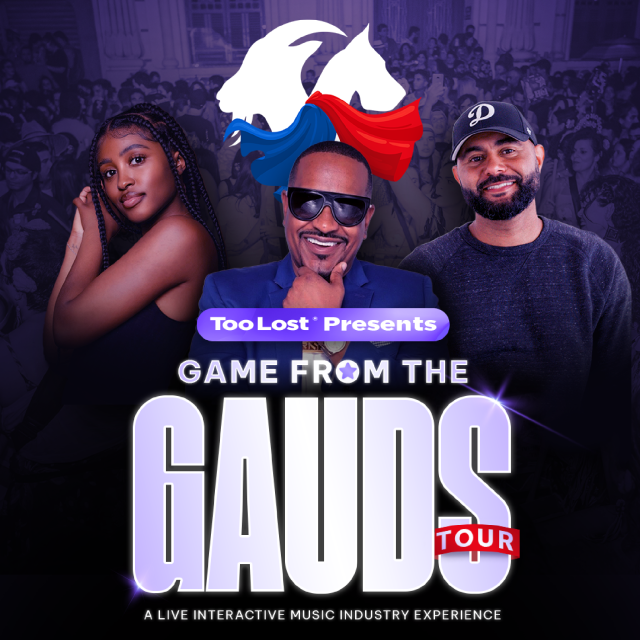 Flyer for ‘Game From The GAUDS Tour,’ presented by TooLost. The flyer features three hosts: Nyla Symone on the left, Ray Daniels in the center, and Damien Ritter on the right. The title ‘Game From The GAUDS Tour’ is prominently displayed in bold, stylized letters below the hosts’ images. The background shows a crowd, emphasizing the event’s interactive and live nature. The tagline at the bottom reads ‘A Live Interactive Music Industry Experience.